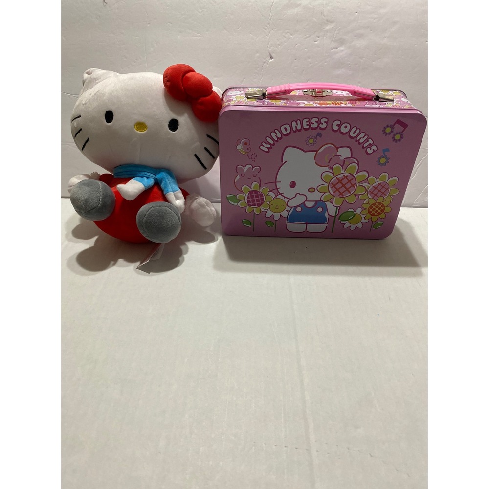 Sanrio Hello Kitty Plush and Kindness Counts Metal Tin Lunch Box Bundle Pink
